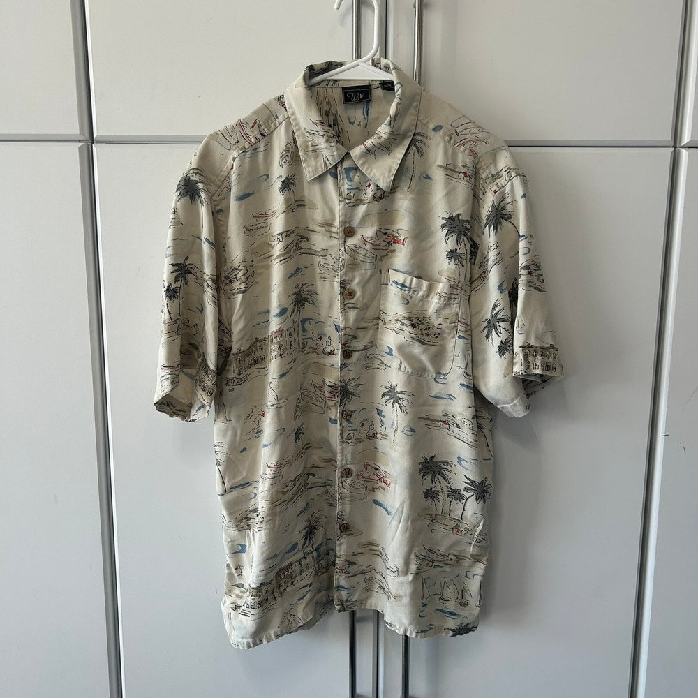 WF Mens Silk Short Sleeve Button Down Tropical Beach Scene Shirt Cream Medium
